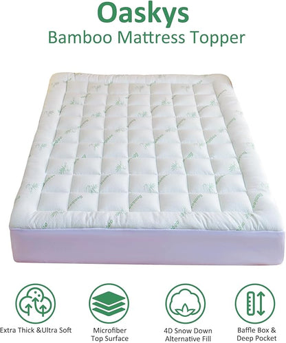 oaskys Mattress Topper Twin Size - Cooling Extra Thick Breathable Viscose Made from Bamboo Mattress pad - Soft Quilted Fitted Mattress Cover with Down Alternative Fill (8-21”Deep Pocket)