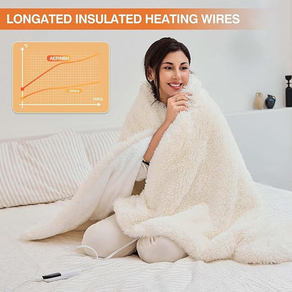 Heated Blanket with 10 Hours Auto-Off 6 Heat Level, Cozy Shaggy Faux Rabbit Fur Electric Blanket with Overheating Protection (White, 90"X100")