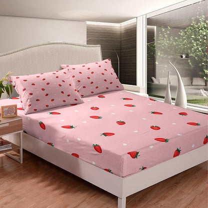 Red Strawberry Kids Fitted Sheet Queen Size,Love Heart Sweet Princess Style Bedding Set,Girls Women Room Decor,Tropical Fruits Strawberry Bed Cover,Pink Romantic Bed Sheet,2 Pillowcases