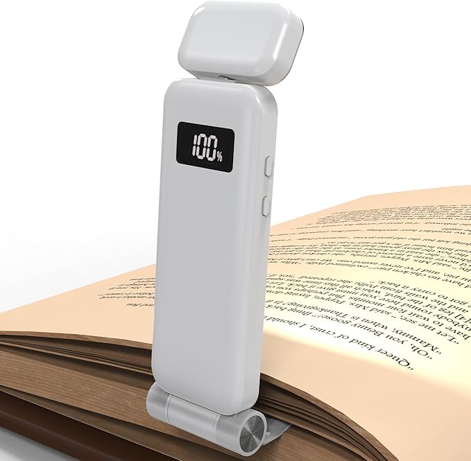 Rechargeable Clip-On Book Light with Battery Indicator — 9 Modes (3 Color × 3 Brightness), USB-C Fast Charge, Ultralight 1.6 oz & 0.49" Slim, Bed Reading Lamp Stocking Stuffer for Book Lovers, White