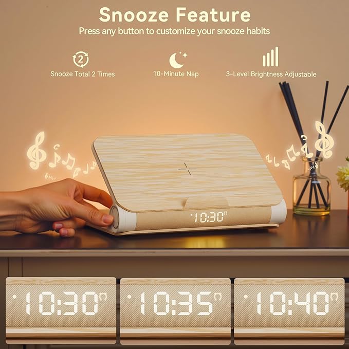Vivilumens Alarm Clocks Wireless Charger Bluetooth Speaker Loud Sunrise Bedside Lamp for Heavy Sleepers Adults with Book Shape Wake Up Light for Bedroom Home Decor （Wooden Grain）