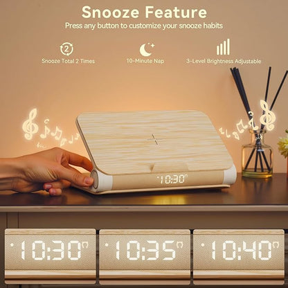 Vivilumens Alarm Clocks Wireless Charger Bluetooth Speaker Loud Sunrise Bedside Lamp for Heavy Sleepers Adults with Book Shape Wake Up Light for Bedroom Home Decor （Wooden Grain）