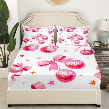 70s 80s Pop Music Fitted Sheet Twin Size,Cherry Disco Ball Pink Bedding All-Round Elastic Pocket,Girly Bowknot Princess Style Bed Sheet 2 Pieces Fits Mattress