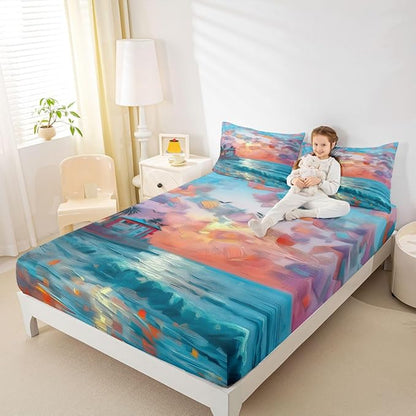 Beach Kids Full Size Fitted Sheet,Ocean Coastal Sunset Sea Room Decor,Summer Hawaii Fashion Boys Girls Bed Sheets,Orange Blue Bedding Set,2 Pillowcases(No Flat)