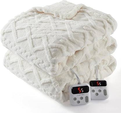 CAROMIO Electric Blanket King Size Dual Control - Thick Tufted Sherpa Heated Blanket with 10 Heating Levels and 10 Time Settings, ETL Certified Fast Heating Blankets King Size 90"×100", White