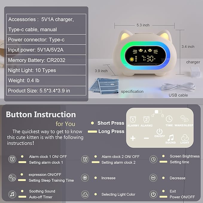 Alarm Clock for Kids, Ok to Wake Clock for Kids with Eye Protection Sleep Training Auto Off Feature 10 Night Light Dual Alarm, Kids Alarm Clock Cute Cat Gifts for Girls