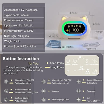 Alarm Clock for Kids, Ok to Wake Clock for Kids with Eye Protection Sleep Training Auto Off Feature 10 Night Light Dual Alarm, Kids Alarm Clock Cute Cat Gifts for Girls
