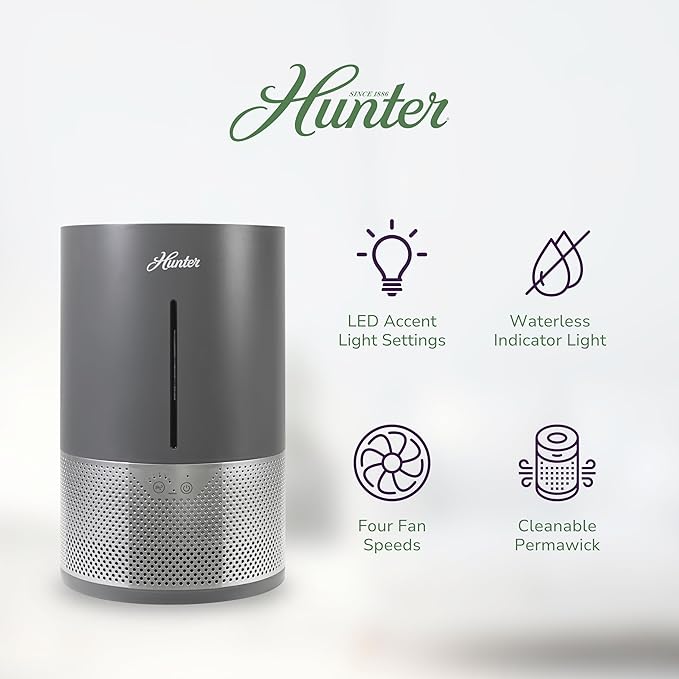 HHE150 Hunter Aspire 4.8L Evaporative Humidifier with PermaWick Filter (4.8L) - Remove Contaminants & White Dust for Clean Mist & Air – Medium Humidifier for Home, Bedroom, or Dorm - Graphite