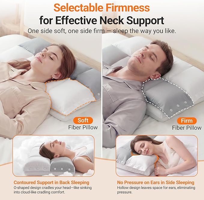 Cervical Neck Pillow with Dual Support Zones for Customizable Support, O-Shaped Memory Foam Cloud Pillow, Cradling Comfort without Ear Pressure, Bed Pillow for Back, Side, Stomach Sleepers, Soft Cover