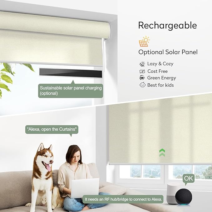 ZSHINE Motorized Window Blinds Over-Size Customize Width (21-114 Inches) Remote Control Wireless and Rechargeable Motor Roller Shades Blinds for Windows(Light Filtering Beige 82086B)