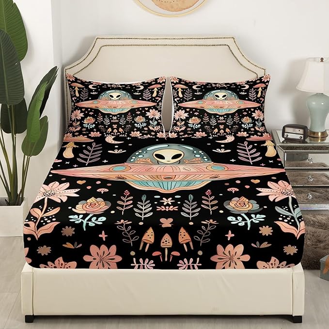Manfei Alien Black Bed Sheet Set 3 Pieces,Outer Space Spaceship Starry Moon Microfiber Bedding Set Without Flat,Pink Mushroom Nature Botanical Flowers Plants Fitted Sheet,2 Pillow Cases,Full Size
