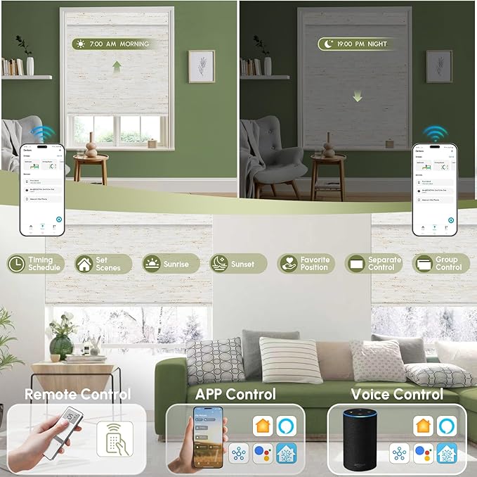 FineTell Motorized Blinds with Remote, 100% Blackout Roller Shades Compatible with Alexa,Apple Homekit,Google Home APP and Voice Control, Customized Electric Blinds (100% Blackout Linen White)