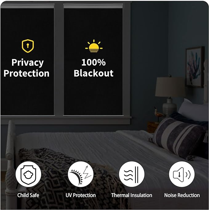 GENIMO 100% Blackout Roller Window Shades, Window Blinds Cordless with Thermal Insulated, UV Protection Fabric, Mini French Door Blinds for Home, Office, Bedroom, Easy to Install, Black, 24" W X 72" H