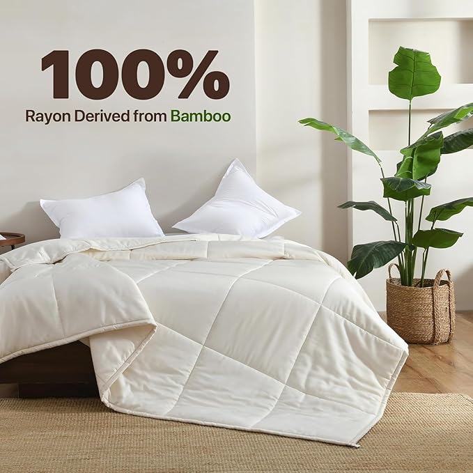 NATUREFIELD Lightweight Bamboo Quilt Queen Size – Cooling Summer Comforter Only, Rayon from Bamboo Cover, Breathable Box Stitch Spring Bedding with 200g Fill (125 GSM), 90x90 Inch, Beige