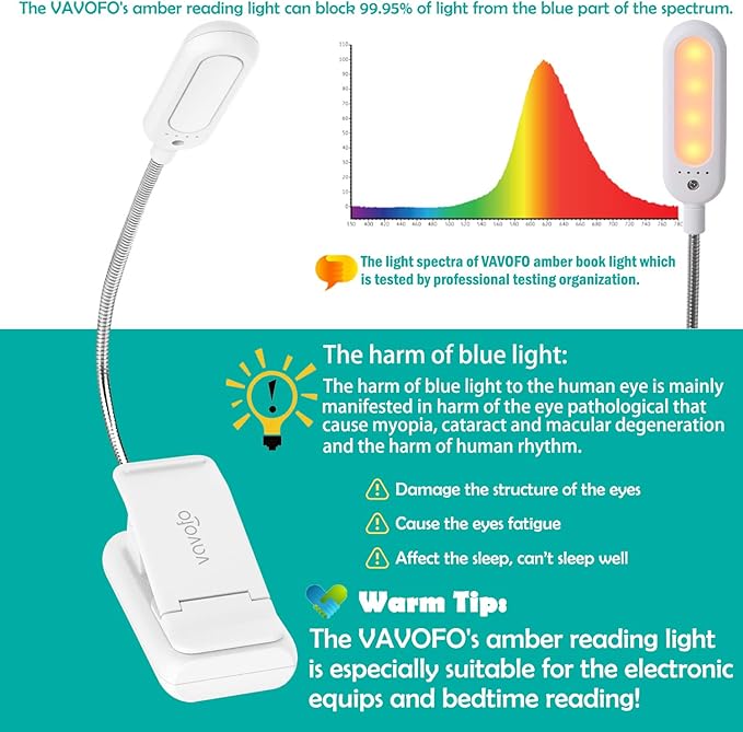 VAVOFO Clip On Rechargeable Reading Light, 7 LEDs with 3 Colortemperature 9 Brightness Levels Book Lights for Reading in Bed with Power Indicator for Bookworms Black (white1-Pack)