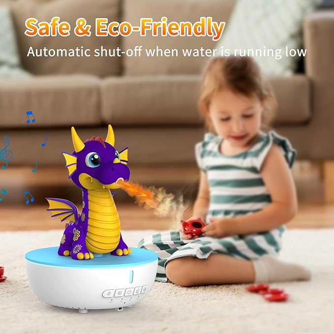 Aromatherapy Dragon Humidifier, 200ML Essential Oil Diffuser with Remote & Timer, White Noise Machine with 10 Soothing Sounds, Cute Small Humidifiers for Kids Bedroom, Home, Office (Purple)