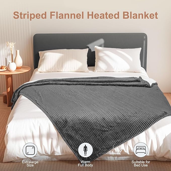 Tefici Heated Electric Blanket Full Size 72"x84" 6 Levels Over-Heat Protection Fast Heating 1/3/6/9 Hours Auto-Off,Heating Blanket Full Size,Soft Flannel to Sherpa ETL&FCC Certified Grey