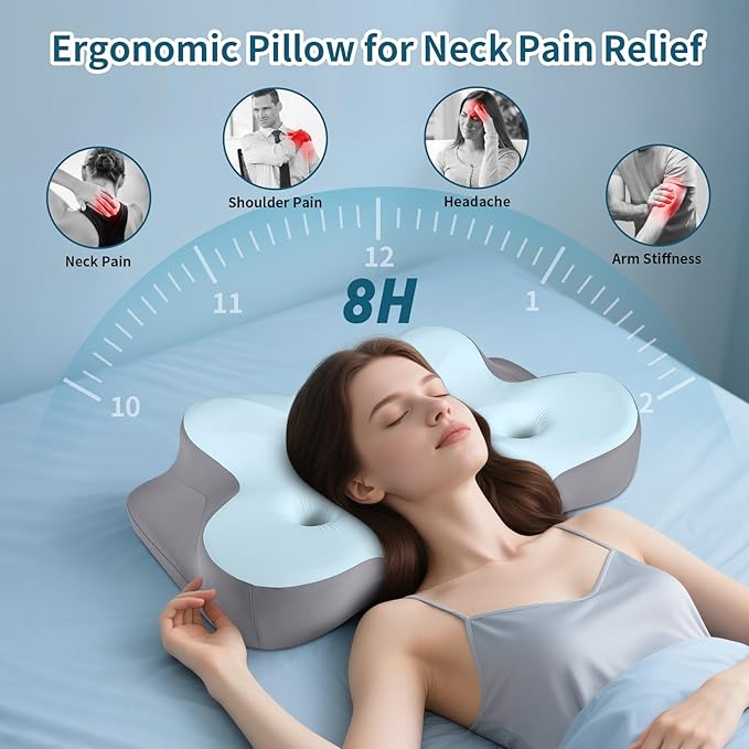 Cerrvical Neck Pillow- Ergonomic Memory Foam Pillows for Sleeping, Dual Ear Relief Zone Contour Pillow, Neck Support Pillows for Side Back &Stomach Sleeper (Blue)
