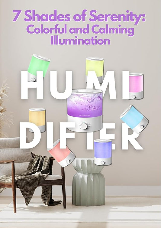 Megawise Cool Mist Humidifier with Top Refill Design, 2L Capacity, High Mist Output, No Leakage, and 7 Color Night Light