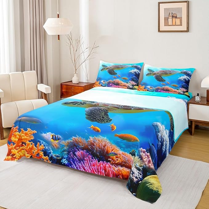Manfei Sea Turtle Sheet Set Twin,Fish Ocean Animal Bedding for Kids Teens Room Decor,Marine Mediterranean Style Sea Blue Bed Sheet 3pcs with Deep Pocket Fitted Sheet + Flat Sheet + 1 Pillowcase