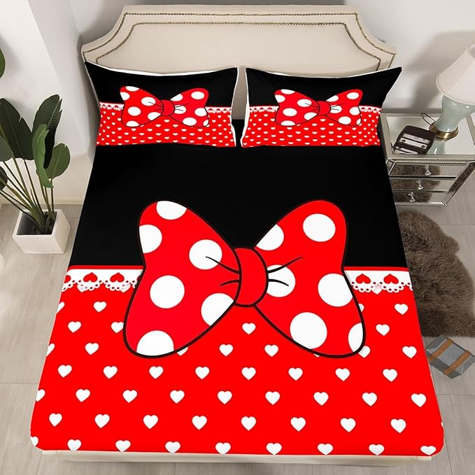 Bowknot Kids Fitted Sheet Twin Size,Bow-tie White Dots Love Heart Romantic Bedding Set,Girls Women Room Decor,Castle Princess Dreamy Bed Cover,Red Black Girly Bed Sheet,1 Pillowcase