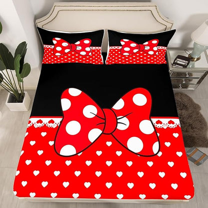 Bowknot Kids Fitted Sheet Twin Size,Bow-tie White Dots Love Heart Romantic Bedding Set,Girls Women Room Decor,Castle Princess Dreamy Bed Cover,Red Black Girly Bed Sheet,1 Pillowcase