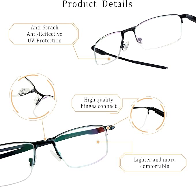 LifeArt Blue Light Blocking Glasses, Anti Eyestrain, Computer Reading Glasses, Gaming Glasses, TV Glasses for Women Men, Stylish Unisex Alloy Square Frame (Black, No Magnification)
