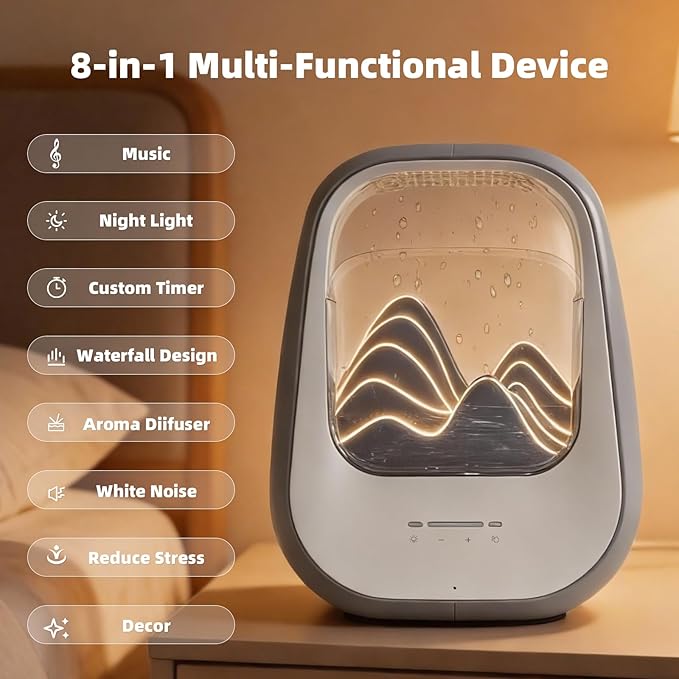 8-in-1 White Noise Sound Machine with Night Light, Help Stress Relief, Waterfall Design Essential Oil Diffuser Rain Sound Machine with Humidifier for Bedroom Office Decor Gift, Gray