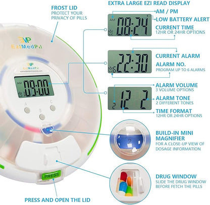 EziMedPil Automatic Pill Dispenser with Alarm, Sound & Light, up to 6 Alarms/Day, 6 Dosage Templates, Easy-Read Display, Frosted Lid & Locked 28-Day Medication Dispenser for Protecting Pills Privacy