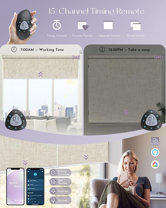 Graywind Motorized Shades 100% Blackout Compatible with Alexa Google WiFi Hardwired Smart Roller Shade Remote Control Automated Window Blinds with Valance, Customized Size (B-Linen Beige)