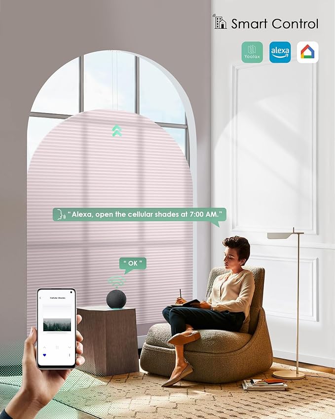 Yoolax Smart Cellular Shades, Motorized Elongated Arch Honeycomb Blinds Motorized Blinds with Remote Compatible with Alexa, Customized Elongated Arch Cellular Shades (Half Shading Light Pink)