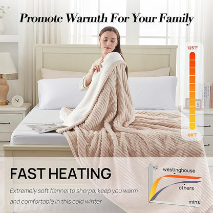 Westinghouse King Size Heated Blanket, Soft Flannel to Sherpa Reversible Electric Blanket King Size with 10 Heating Levels & 1-12 Hours Auto Shut Off, Machine Washable, (100" x 90", Beige)