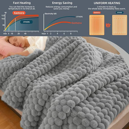 Heated Blanket Throw 50" x 60" Soft Ribbed Faux Fur Flannel Fast Heating 12 Heat Levels 1–12H Timer & Overheat Protection & Auto Shut-Off & ETL FCC & Machine Washable Heated Throw
