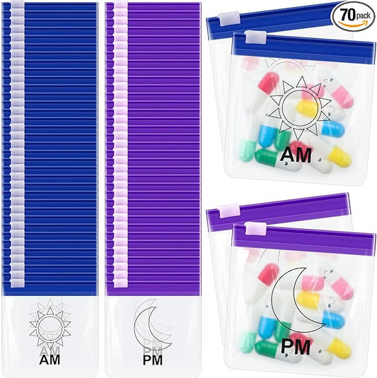 70 Pcs Weekly Pill Pouch Bags Zippered Reusable Medicine Organizer Set Self Sealing Medicine Organizer Travel Plastic Pill Bags with Slide Lock for Small Items Storage(Moon and Sun)