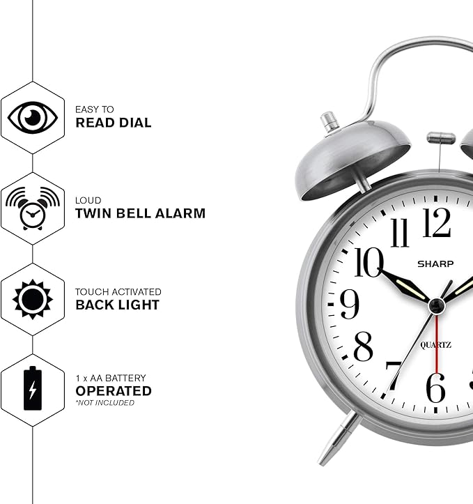 Sharp Twin Bell Alarm Clock - Loud Alarm - Great for Heavy Sleepers - Battery Operated Quartz Analog Clock (Brushed Silver)