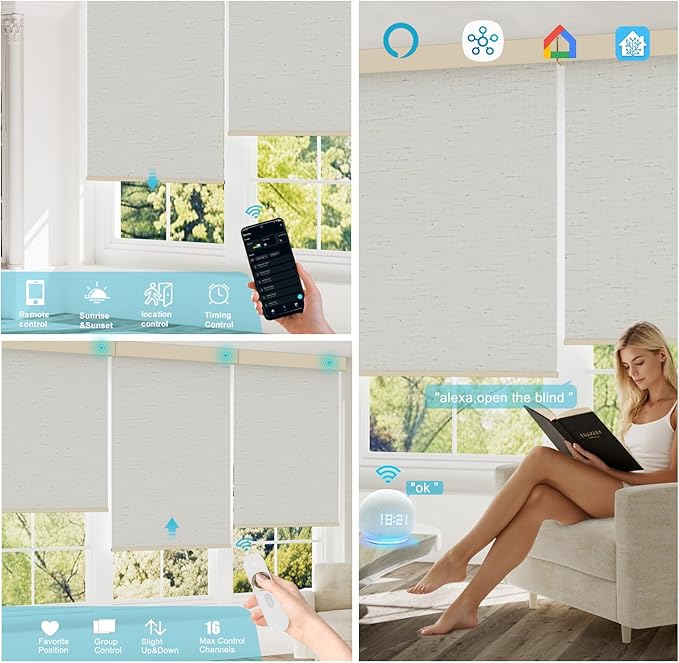 Motorized Blinds with Remote, 100% Blackout Smart Blind Roller Shades Compatible with Alexa Homekit, Automatic Electric Shades for Windows Customized Size（Linen Light Cream）
