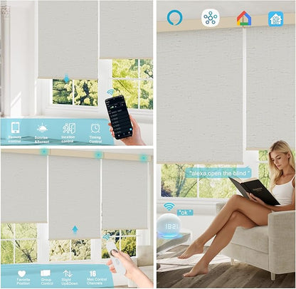 Motorized Blinds with Remote, 100% Blackout Smart Blind Roller Shades Compatible with Alexa Homekit, Automatic Electric Shades for Windows Customized Size（Linen Light Cream）