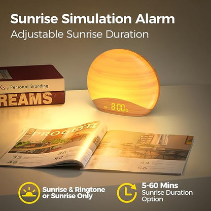 REACHER Natural Wood Grain Sound Machine Sunrise Alarm Clock，26 Nature Inspired Sleeping Sounds, 0-100% Dimmable Clock, Night Light,Brown/Pink/White Noise Sound Machine for Babys, Kids, Adults