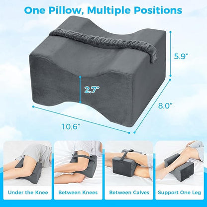 Knee Pillow for Side Sleepers, Memory Foam Leg Pillow with Strap for Side Sleeping, Supportive Elevation Pillow Between Legs for Knee, Ankle Sciatica, Pregnancy, Joint Pain (Gray/Regular)