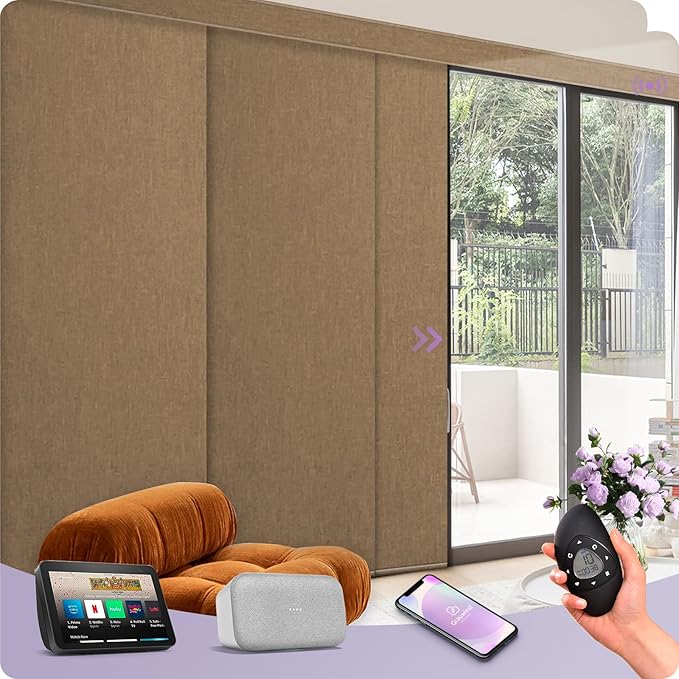 Graywind Rechargeable Smart Sliding Panels Compatible with Alexa Google Motorized Panel Track Blinds Remote Control for Patio Sliding Door Closet Door Width Up to 177" Custom Size (Coffee)