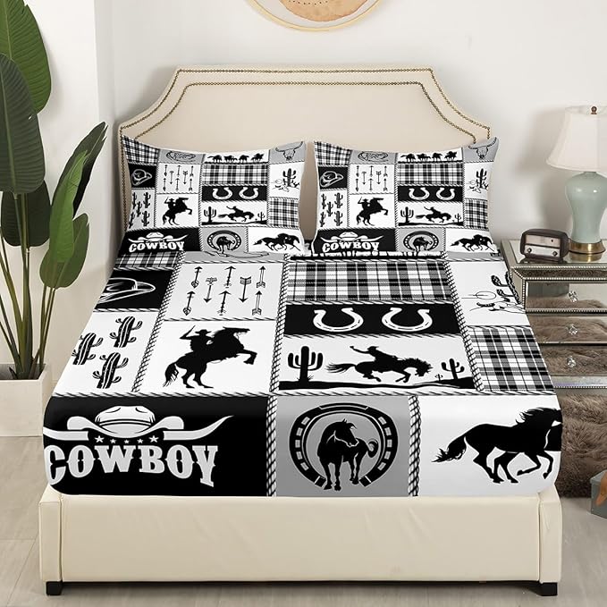 Western Cowboy Kids Sheet Full Size,Cactus Geometric Plaids Patch Bedding Set,Boys Girls Adults Room Decor,Horseshoe Rustic Farmhouse Black Retro Bed Sheet Set 4pcs(Fitted + Flat + 2 Pillowcases)