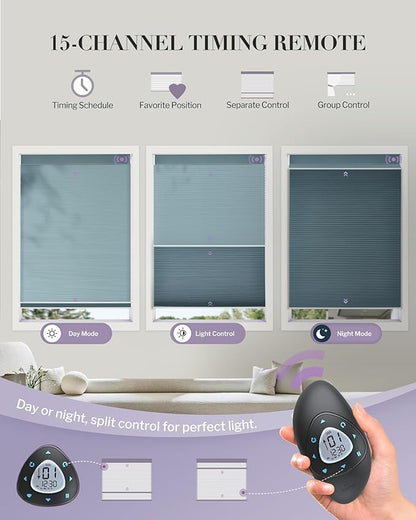 Graywind Motorized Day Night Cellular Shades with Remote, Smart Honeycomb Blinds Compatible with Alexa & Google Home, Custom Size Blackout/Privacy for Bedroom, Living Room & Home Office, Blue