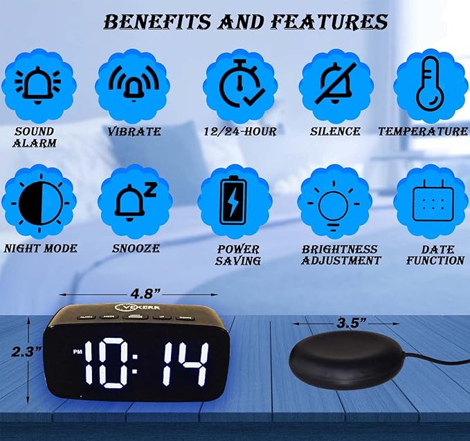 Loud Alarm Clock with Bed Shaker, Vibrating Alarm Clock for Heavy Sleepers, Multifunctional Digital Alarm Clock, Deaf and Hard of Hearing, Full Range Dimmer and Battery Backup (Black, 1)