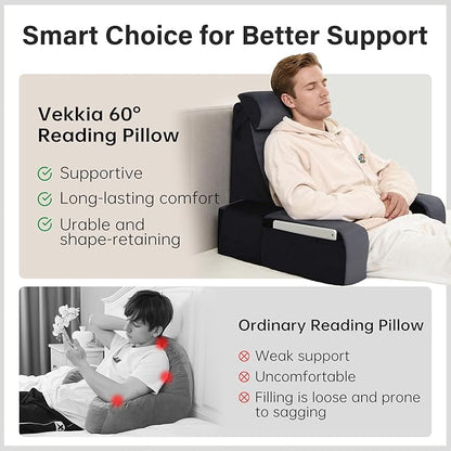 Vekkia 21" Reading Pillow for Bed Sitting Up – 60° Ergonomic Wedge Back Support with Adjustable Arms & Headrest, XL Side Pockets, Bed Chair for TV, Gaming, Working, Nursing, Recovery