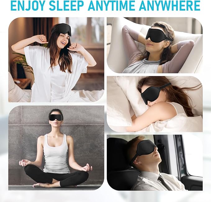 FlyCoco Sleep Mask - Zero Eye Pressure 3D Contoured Cup 99% Black Out Mask, Soft Breathable Lightweight Sleeping Mask with Adjustable Strap, Eye Cover for Yoga Traveling (Black 2pack)