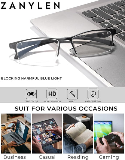Blue Light Glasses for Men Semi Rimless Rectangular Computer Glasses Blue Blocker Anti Glare UV400 Protection Gaming Eyeglasses (Comfortable Black Metal Eyeglasses)