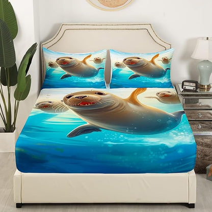 Cute Seal Kids Fitted Sheet Twin Size,Sea Lion Ocean Animals Theme Bedding Set,Boys Girls Room Decor,Underwater World Marine Creature Sealife Bed Cover,Blue Grey Bed Sheet,1 Pillowcase