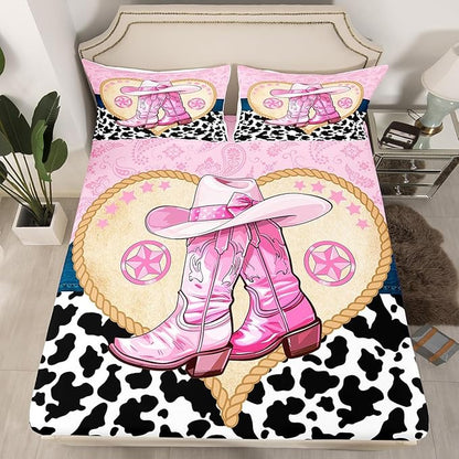 Cowgirl Boots Fitted Sheet,Pink Bowknot Western Boho Paisley Texas Star Vintage Sheet Set for Adults Ultra Soft Room Gift,Rustic Farmhouse Cowhide Bedding Set with 2 Pillowcases,Queen Size