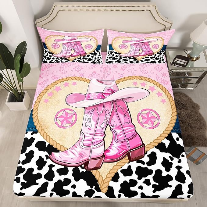 Cowgirl Boots Fitted Sheet Twin Size,Pink Bowknot Western Boho Paisley Texas Star Vintage Bed Sheet with 1 Pillowcase,Rustic Farmhouse Cowhide Soft Decorative Fabric Bedding,Room Gift