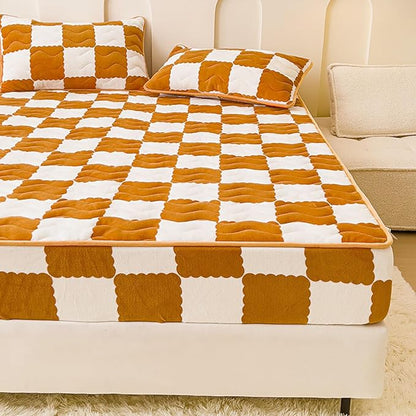 Milk Velvet Checkered Bedding Mattress Cover, Super Soft Elastic Bed Sheets with Pillowcase - Washable 12'' Deep Pocket Mattress Pad